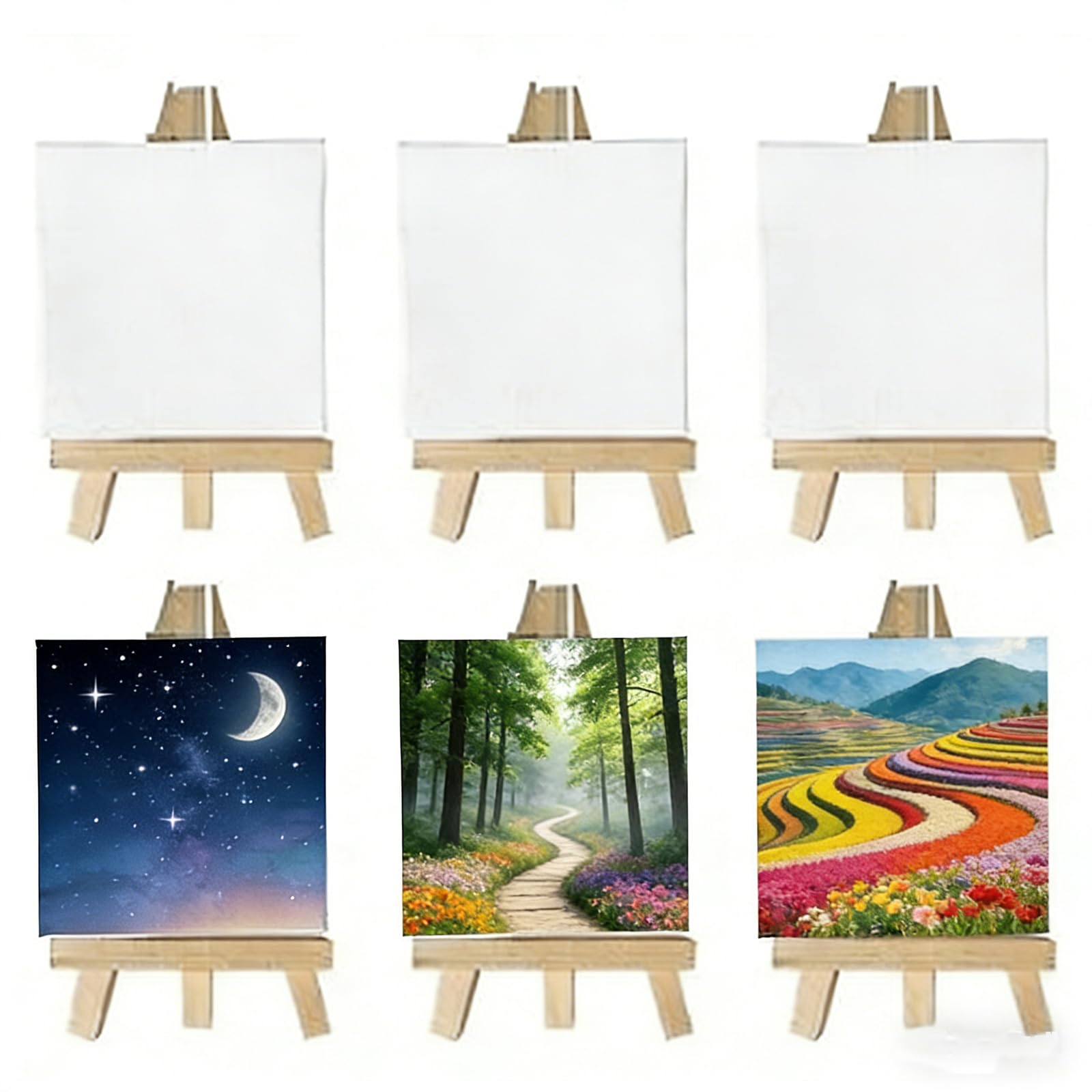 12PCS 10x10cm Canvas and 8x15cm Foldable Easel, Mini Pre-Stretched and Primed Blank Canvas with Table Top Wooden Easel Wooden Mini Easels with Art Canvases for Artists Art Party