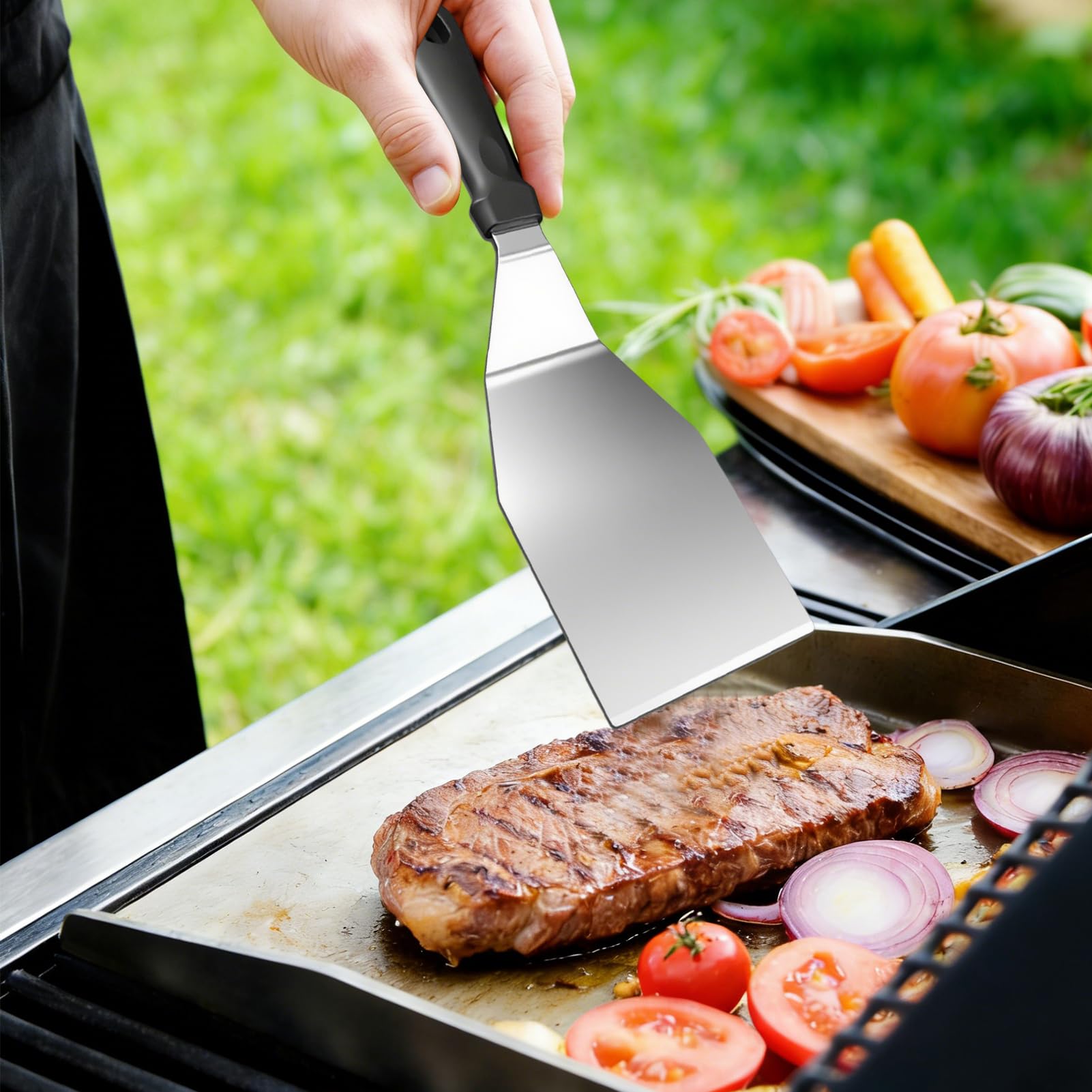 Nikou płyta grillowa ze stali nierdzewnej 40 x 30 cm, płyta grillowa Plancha z 2 łopatkami do grillowania na gaz i węgiel drzewny, uniwersalna płyta grillowa Plancha z łopatką do grillowania