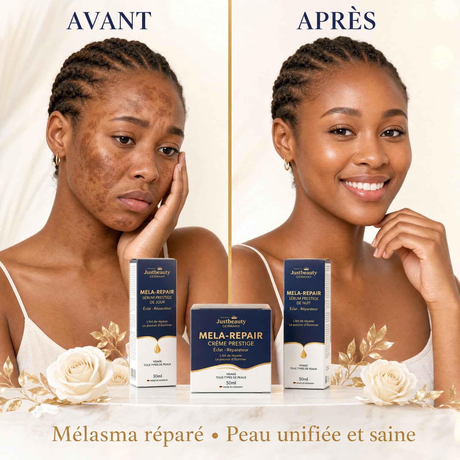 JustBeauty Germany MELA REPAIR Trio Gesichtspflege Intensiv Anti-Flecken – Tag-Serum 30 ml, Nacht-Serum 50 ml & Creme 50 g, Hyperpigmentierung, Melasma, braune Flecken, leuchtender und ebenmäßiger