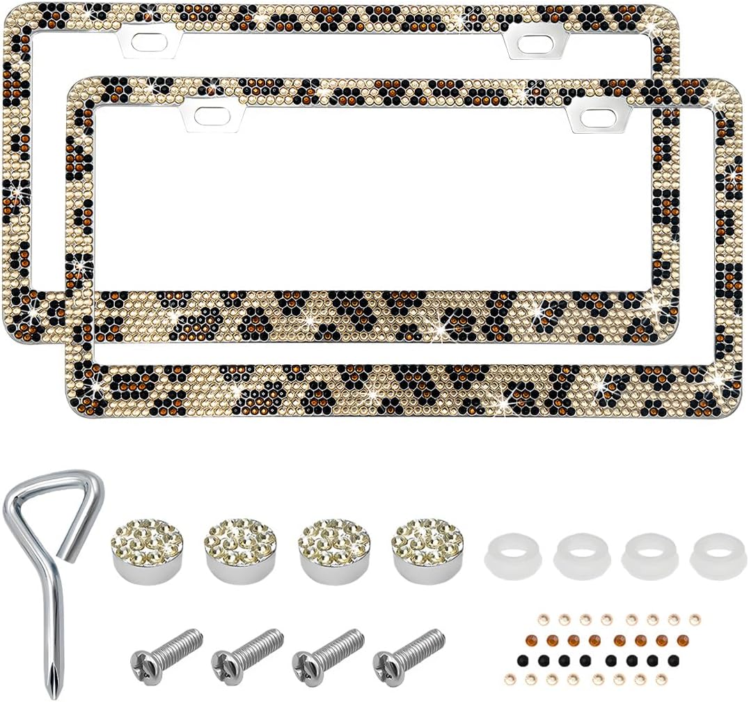 2 PCS Bling License Plate Frame, Stainless Steel Glitter Crystal Diamond License Plate Cover Holder, Sparkly Bedazzled Rhinestone Car Tag Covers for Women, Car Accessories (Leopard Print)