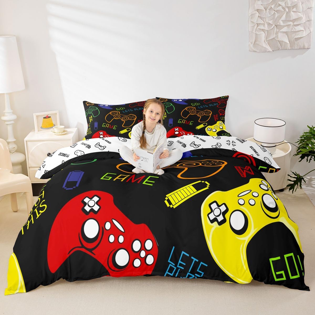 Feelyou Kids Gamer Duvet Cover Set Queen Size for Boys Child Bedroom Video Game Bedding Set,Modern Gamepad Gamer Console Comforter Cover Set Novelty Action Buttons Decor 3 Pcs (No Comforter)