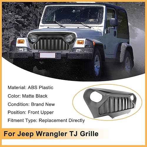 Miniatura 4 de Parrilla negra mate para Jeep Wrangler TJ Gladiator Vader Grill W Mesh 1997 1998 1999 2000 2001 2002 2003 2004 2005 2006