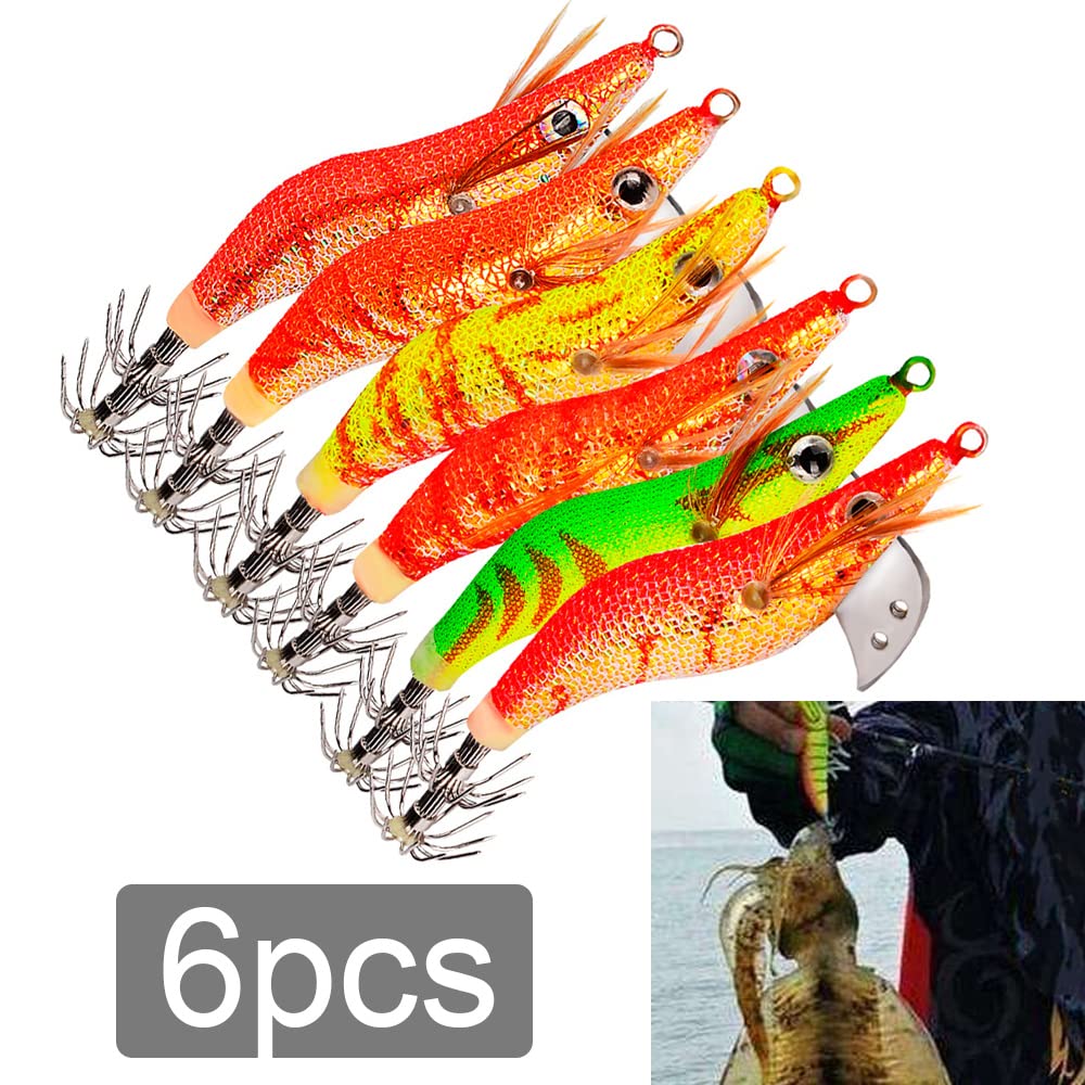 6pcs Cebos de Pesca Calamar Pulpo Camarones, Jig Ganchos, Señuelo Falso Sepia Pulpo Señuelos de Pesca