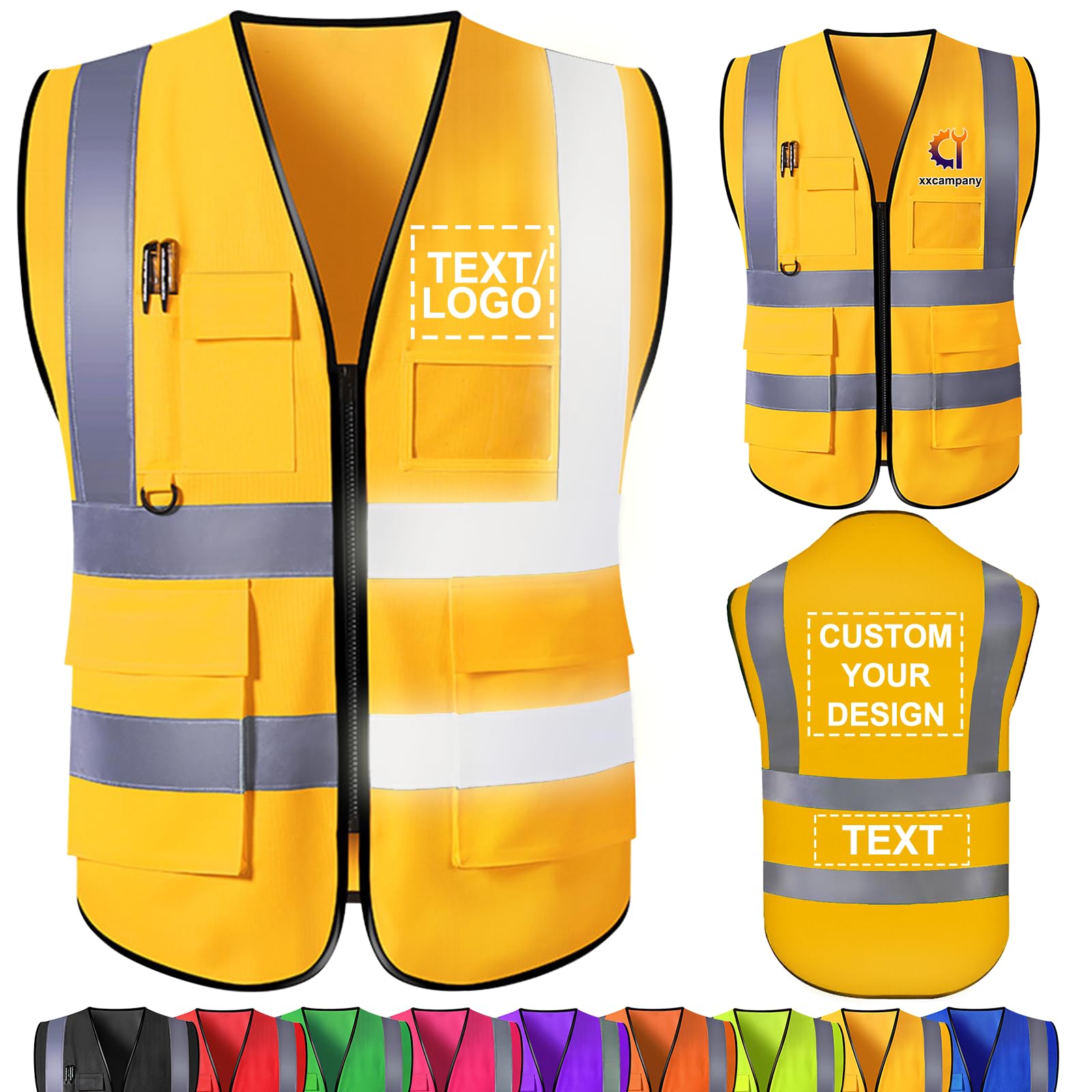 Custom Safety Vest Bulk with Name Logo Text Personalised High Visibility Reflective Vests with Pockets Customised Work Vest for Men Construction Employee Yellow Medium โ image 1
