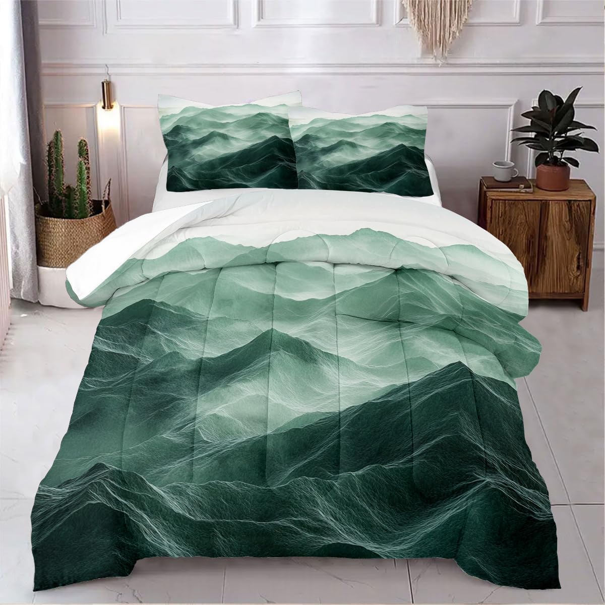 CCoutueChen Emerald Green Comforter Set Queen Size Green Mountain Bedding Set for Kids Girls Boys 3 Pieces Nature Landscape Bedding Soft Lightweight Down Comforter with 2 Pillowcases