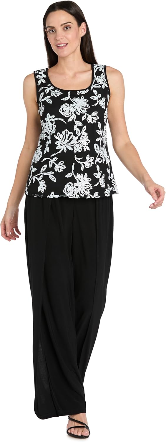 R&M Richards Women's Elegant 3-Piece Knit Pant Set | Shimmering Sequin Tank & Sheer 3/4 Sleeve Jacket W/Wide Leg Trousers