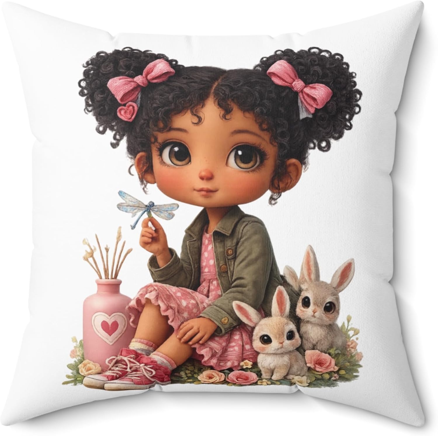 Cute Little Girl with Bunnies Pillow | Kids Nursery Decor, Cartoon Animal