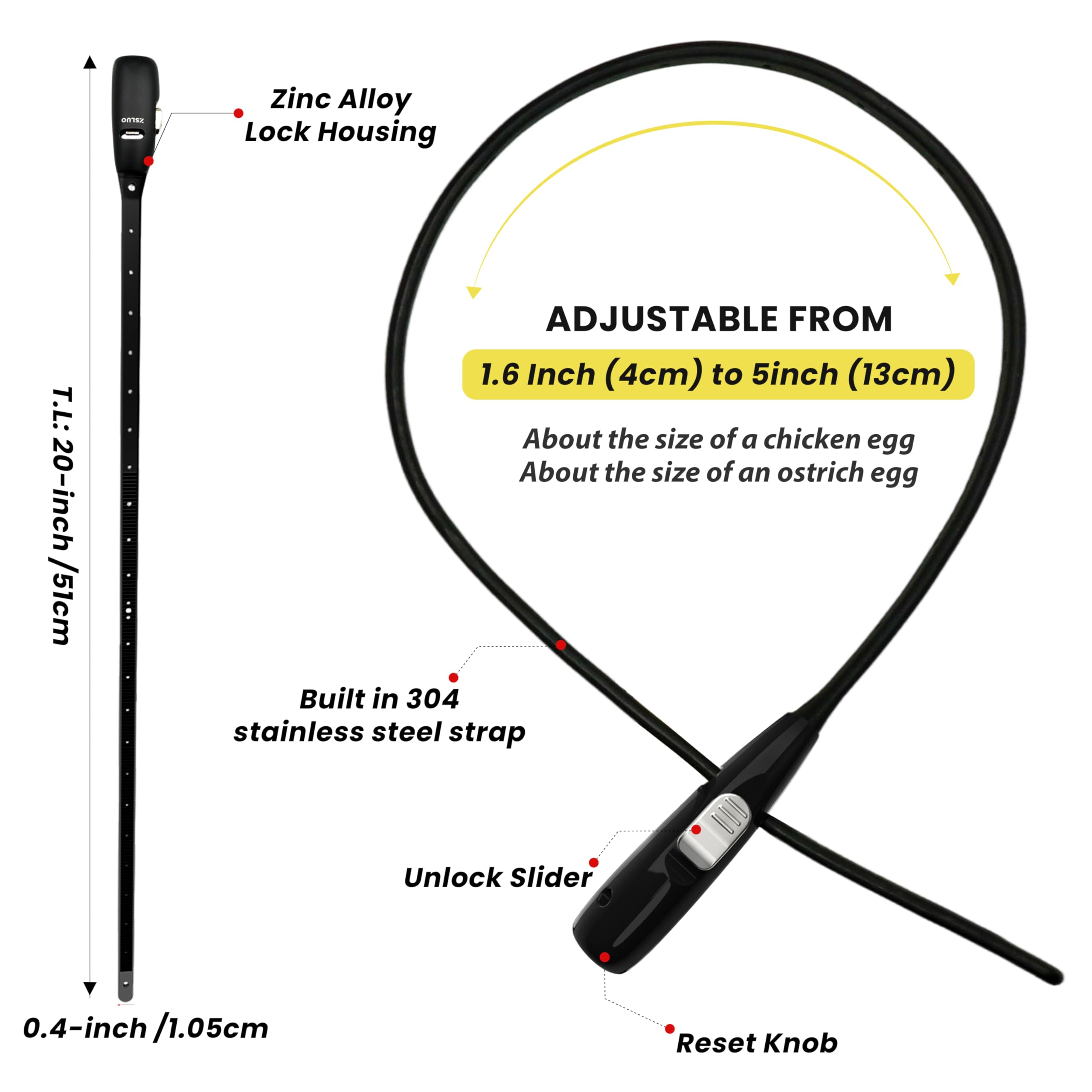 Lucchetto con chiusura a zip con 3 chiavi, 50,8 cm (2 set, nero + giallo), in acciaio inox, per biciclette, cancelli, passeggini, bagagli, frigoriferi e recinzioni