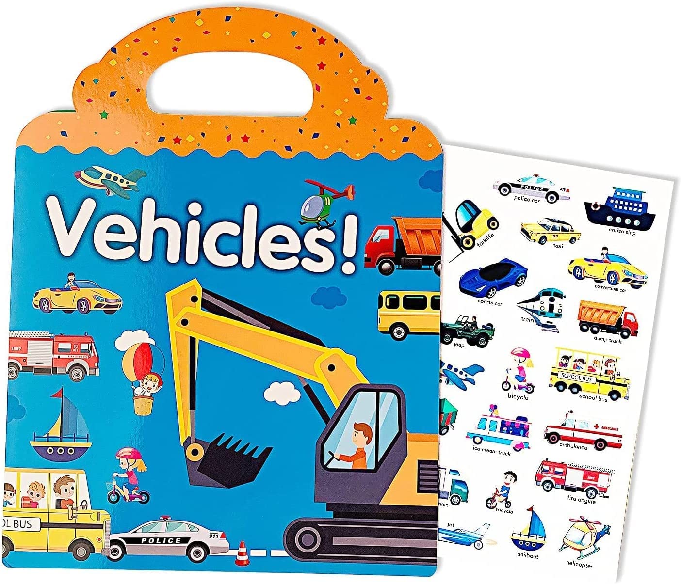 Kids Toddlers Reusable Sticker Books, Window Clings Laptop Stickers Vinyl Stickers for Kids,Durable and Non-Adhesive,Waterproof Educational Learning Toys,Early Educational Sticker Toy (Vehicles)