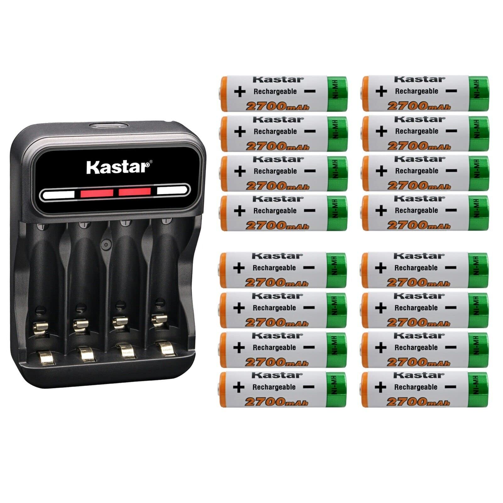 Kastar 16-Pack AA 1.2V 2700mAh Ni-MH Battery and CMH4 Smart USB Charger Compatible with Any Capacity of AA Ni-CD & Ni-MH Batteries