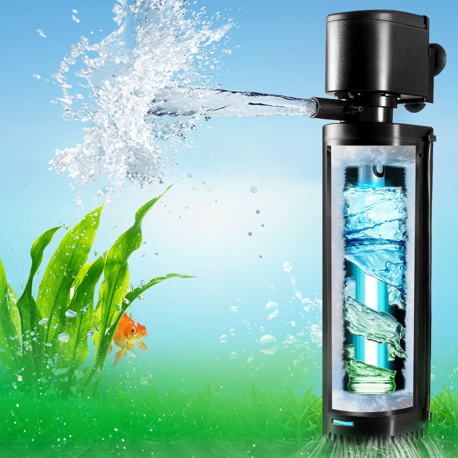 Filtre d'aquarium de 500 gph, stérilisateur UV pour aquarium de 200 à 700 litres, filtre à pompe submersible pour eau verte, machine à tuer les algues vertes ultra silencieuse avec désodorisation