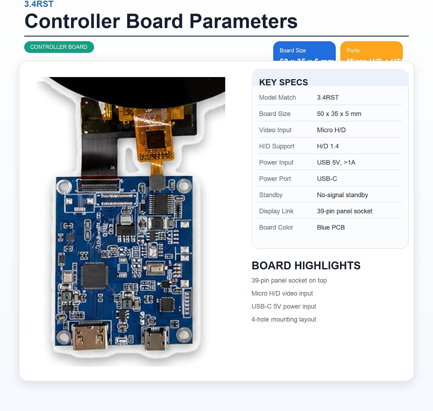 3.4 Inch Round LCD Touch Display 330 nit 800x800,H/D Video&USB Power Port | IPS Capacitive Touch Sensor Screen, for Dashboard, Smart Control Panel, Windows Compatible .mini HDMI Controller Board
