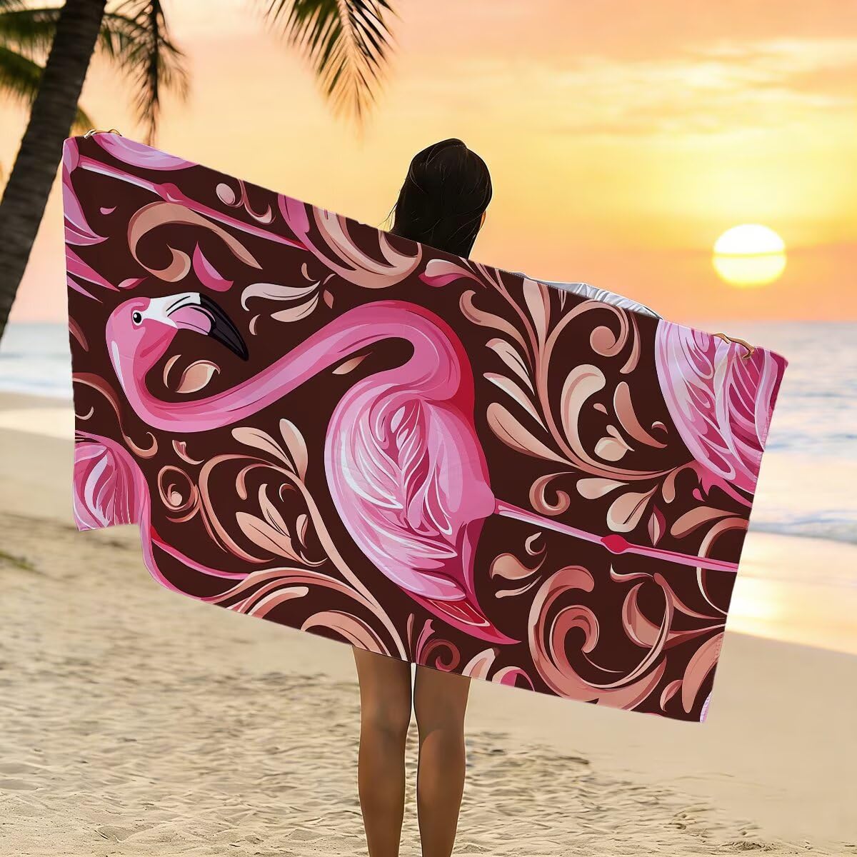 Telo Mare Microfibra, Telo Mare Grande 100x200cm 2 Pezzi, Asciugamano Palestra Donna Asciugatura Rapida, Antisabbia Asciugamano Microfibra, Leggero Asciugamani Palestra per Regalo (Fenicotteri) -4258