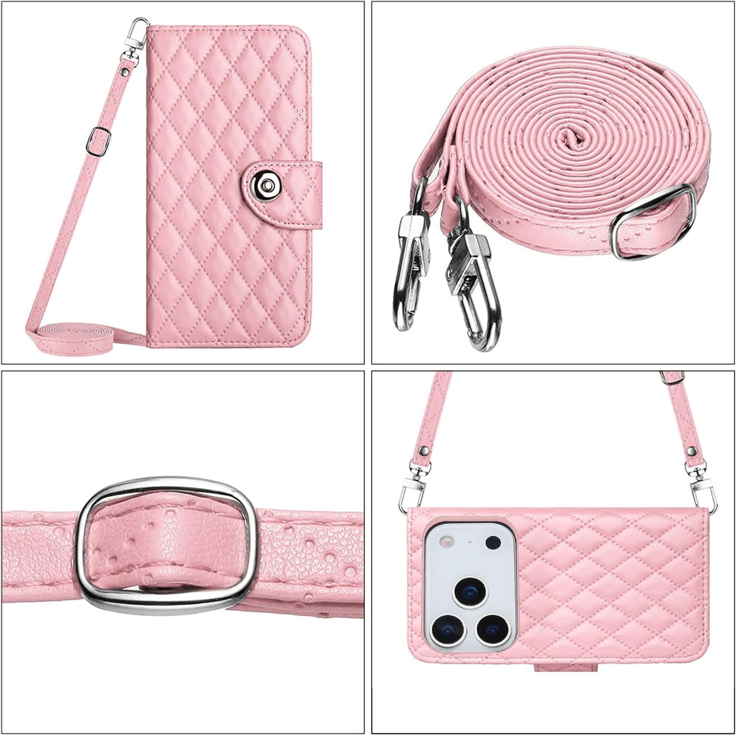 Wallet Case for iPhone 17 Pro Max 6.9 inch with Wrist Strap Shoulder Strap, Argyle Pattern PU Leather Flip Credit Cell Phone Cover for i Phone17 17Pro i17 ProMax 17ProMax Girls Women Pink