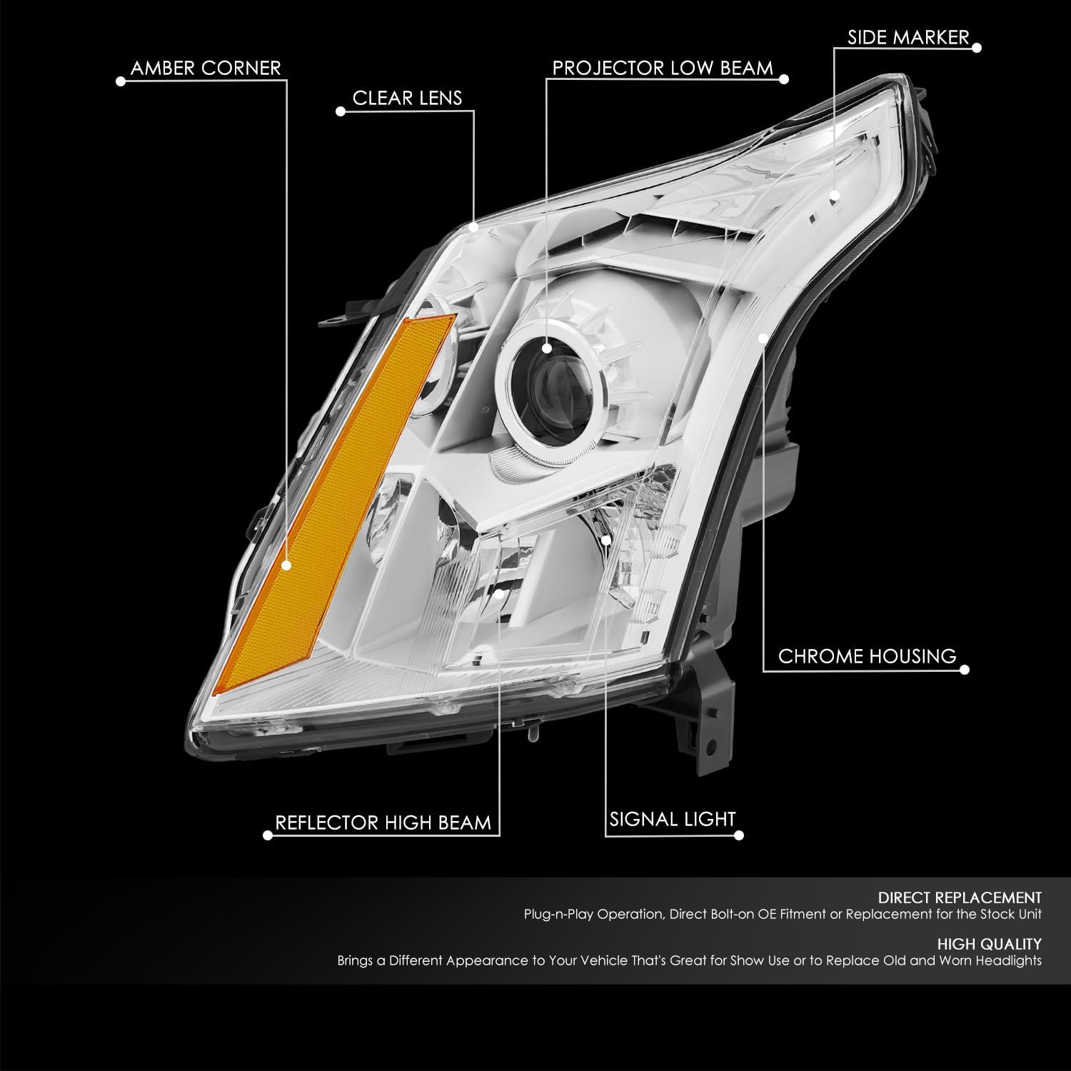 DNA MOTORING Halogen Factory OE Style Driver Side (Left) Headlight Assembly Compatible With SRX 2010-2016, GM2502345, OEM-HL-0302-L