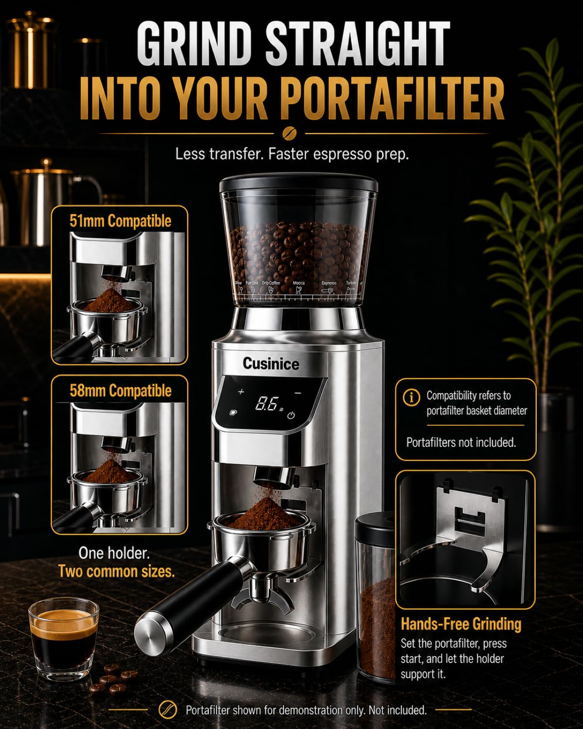 Molinillo de café expreso, 48 ajustes de molienda precisos, rebaba antiestática de acero inoxidable de 40 mm, temporizador electrónico de 0.1 s, tolva de granos de 11.5 onzas, molinillo de café cónico