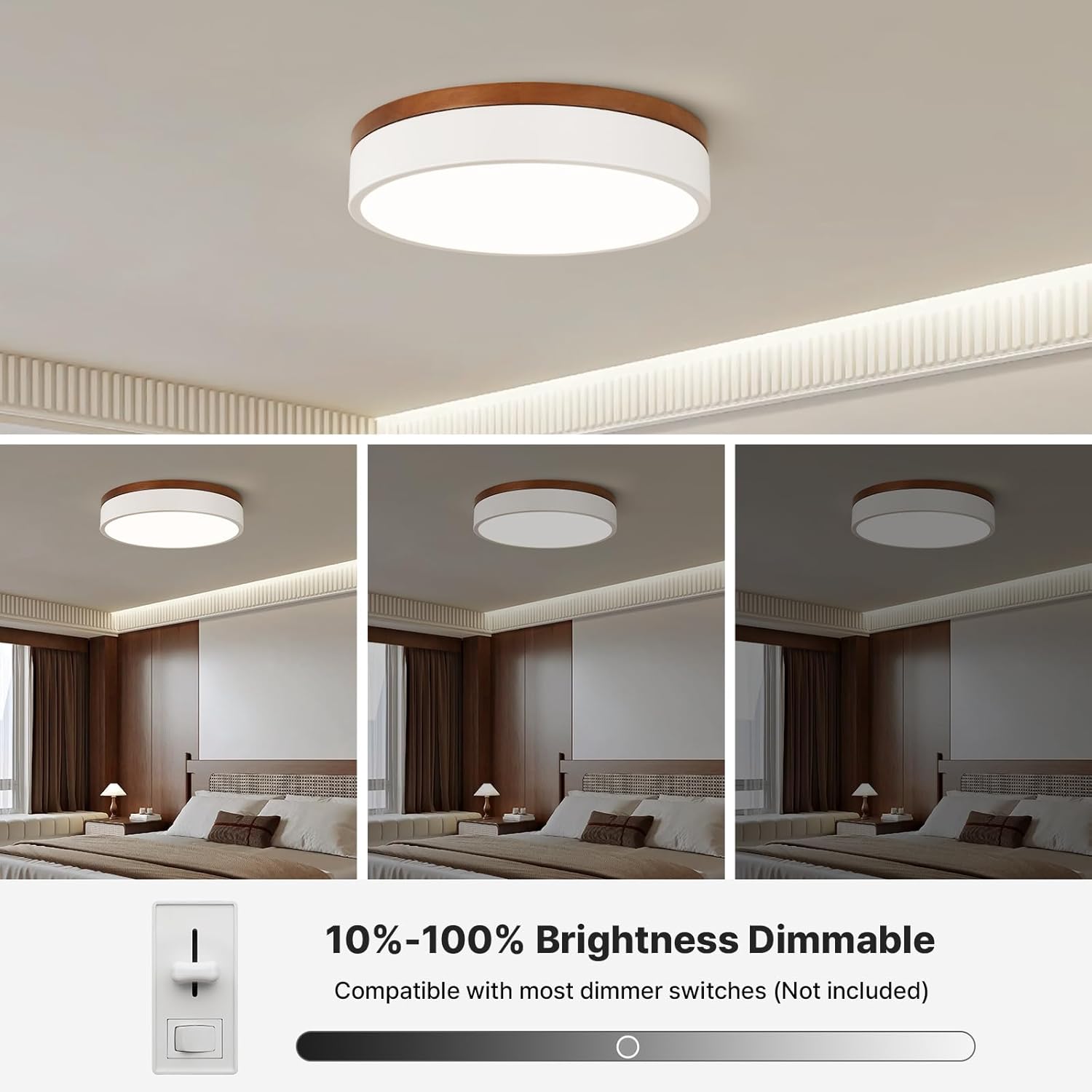 Led Flush Mount Ceiling Light: 11.8" Modern Dimmable White Walnut Wood Low Profile Close to Ceiling Light Fixture - 5CCT Round Minimalist Flat Overhead Lighting for Bedroom Laundry Hallway Living Room