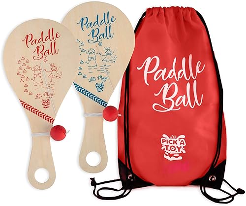 Wooden Paddle Ball (Set of 2) with Carry Bag Indoor Outdoor Toy Fun and Classic Paddleball Game for Boys and Girls, Party Favor Toys Ages 4+