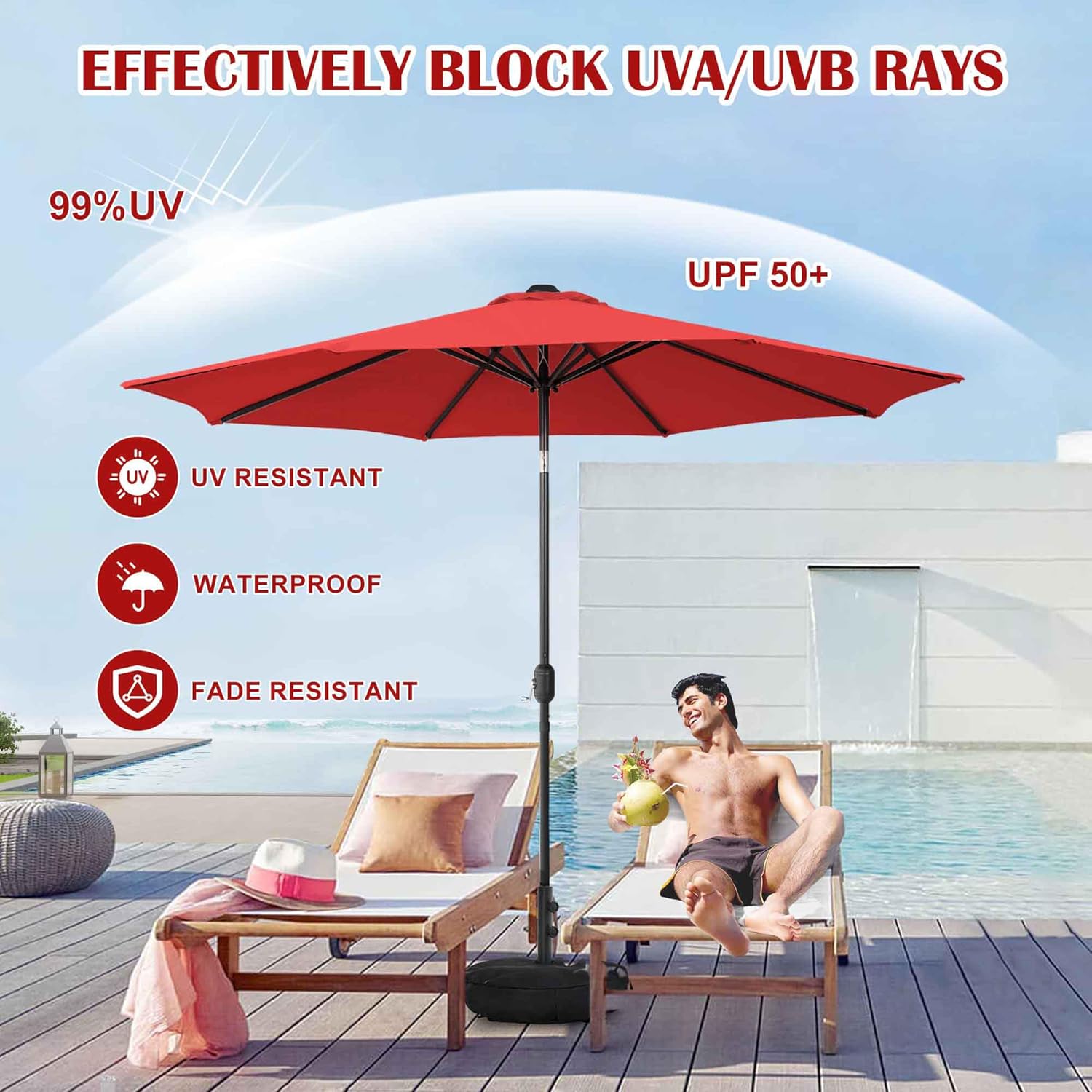 Sundale Outdoor 9FT Patio Umbrella with Sand Bag Umbrella Base, Outdoor Umbrella with Tilt and Crank, Red
