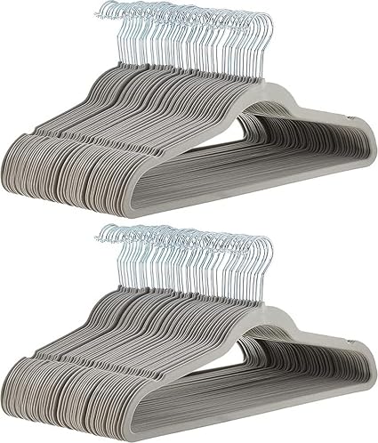 Amazon Basics Slim Velvet Non-Slip Space Saving Suit Clothes Hangers for Closet Organization, Gray/Silver, 100-Pack