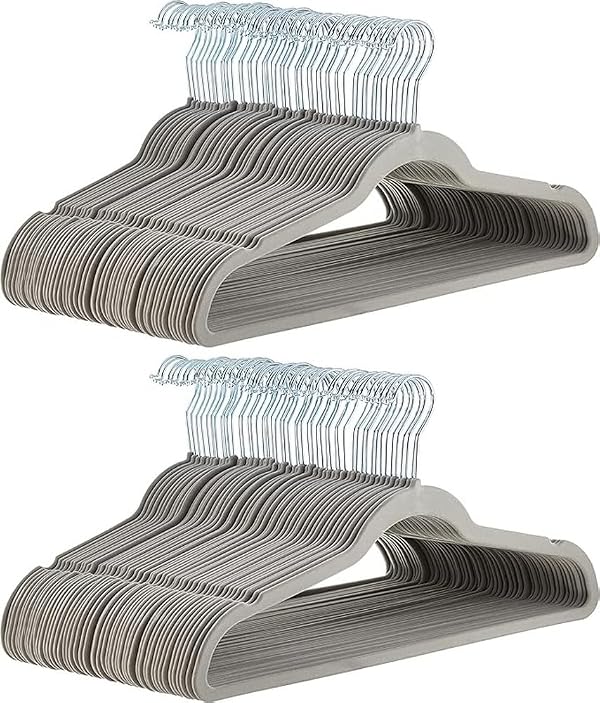 Amazon Basics Slim Velvet Non-Slip Space Saving Suit Clothes Hangers for Closet Organization, Gray/Silver, 100-Pack by Amazon Basics - Used condition - US$38.76