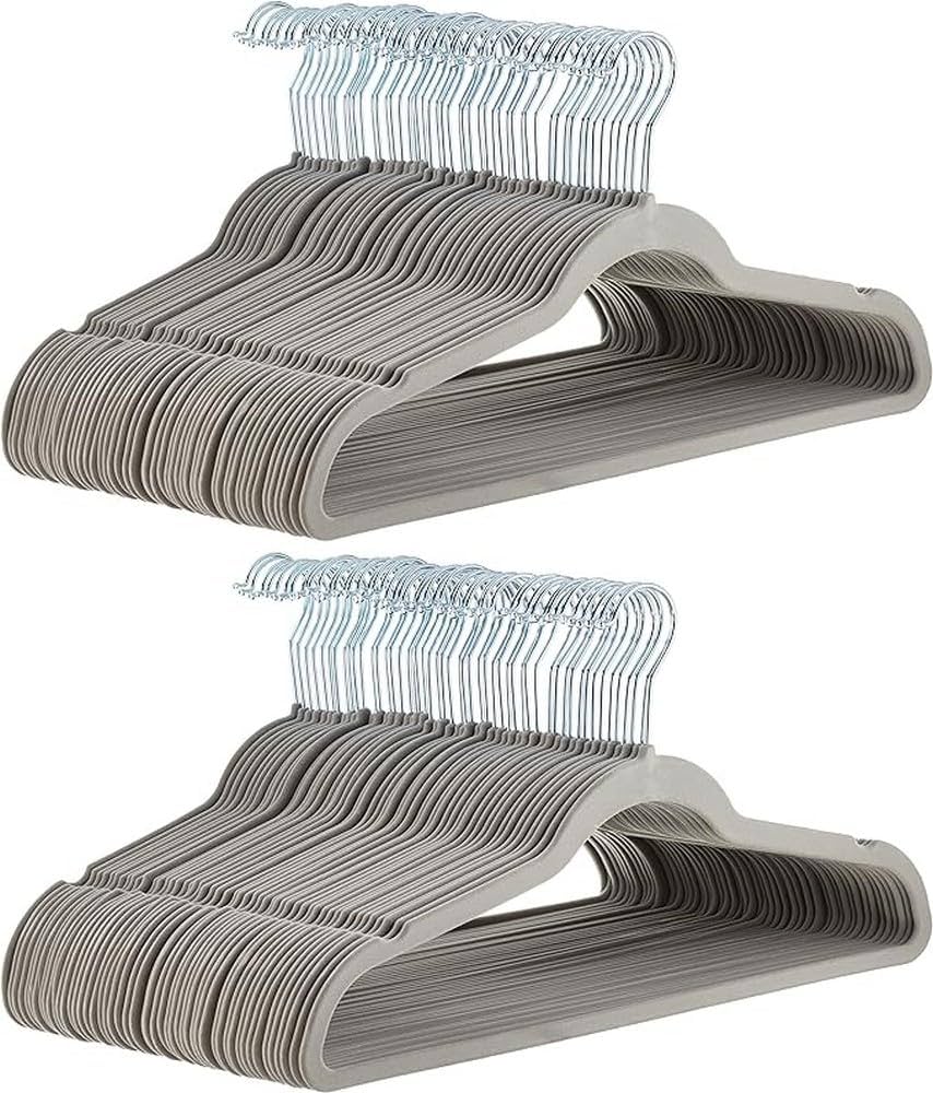Amazon Basics Slim, Velvet, Non-Slip, Durable Suit Clothes Hangers for Closet, Coats, Pants, Shirts, Gray/Silver, Pack of 100