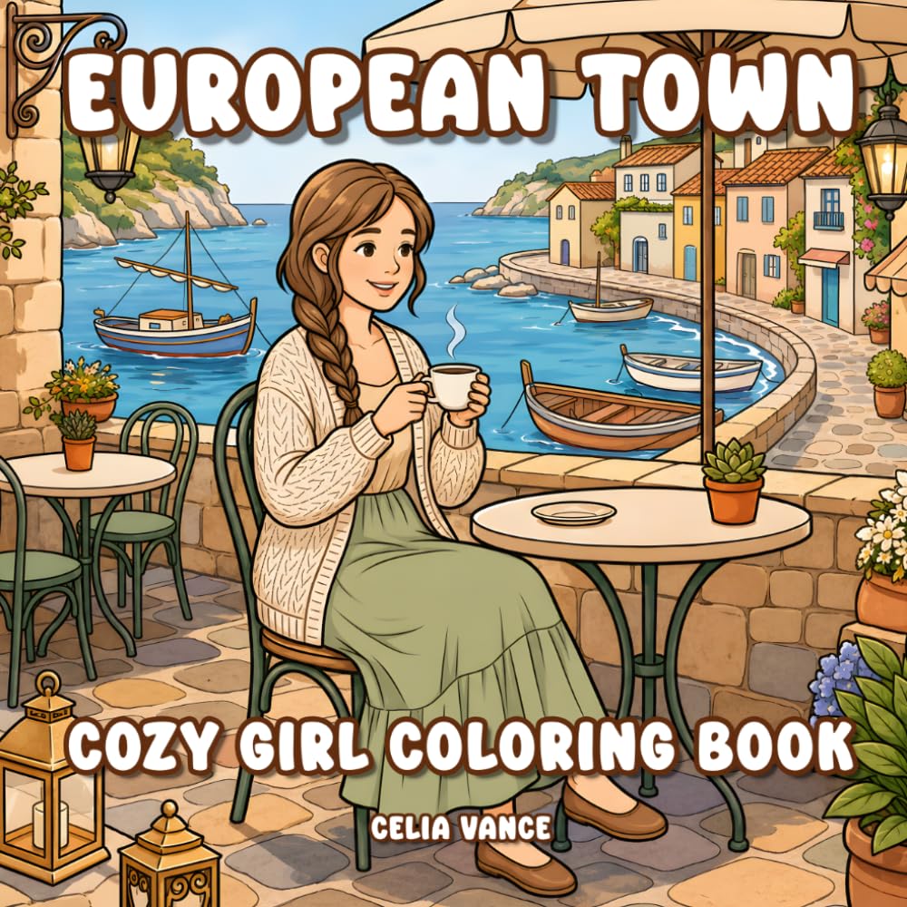 European Town Cozy Girl Coloring Book: Bold and Easy Village Streets, Flower Markets, Canal Walks, Countryside and Slow Living Scenes for Adults and Teens (Aria's Cozy World)