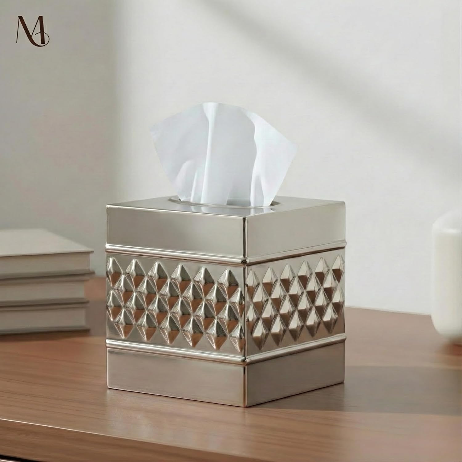 Monarch Abode Tissue Box Cover Square – Handcrafted Geo Embossed Nickel Chrome Finish Metal Tissue Holder Box for Bathroom Accessory, Aesthetic Decorative Facial Napkin Cube for Modern Home Décor