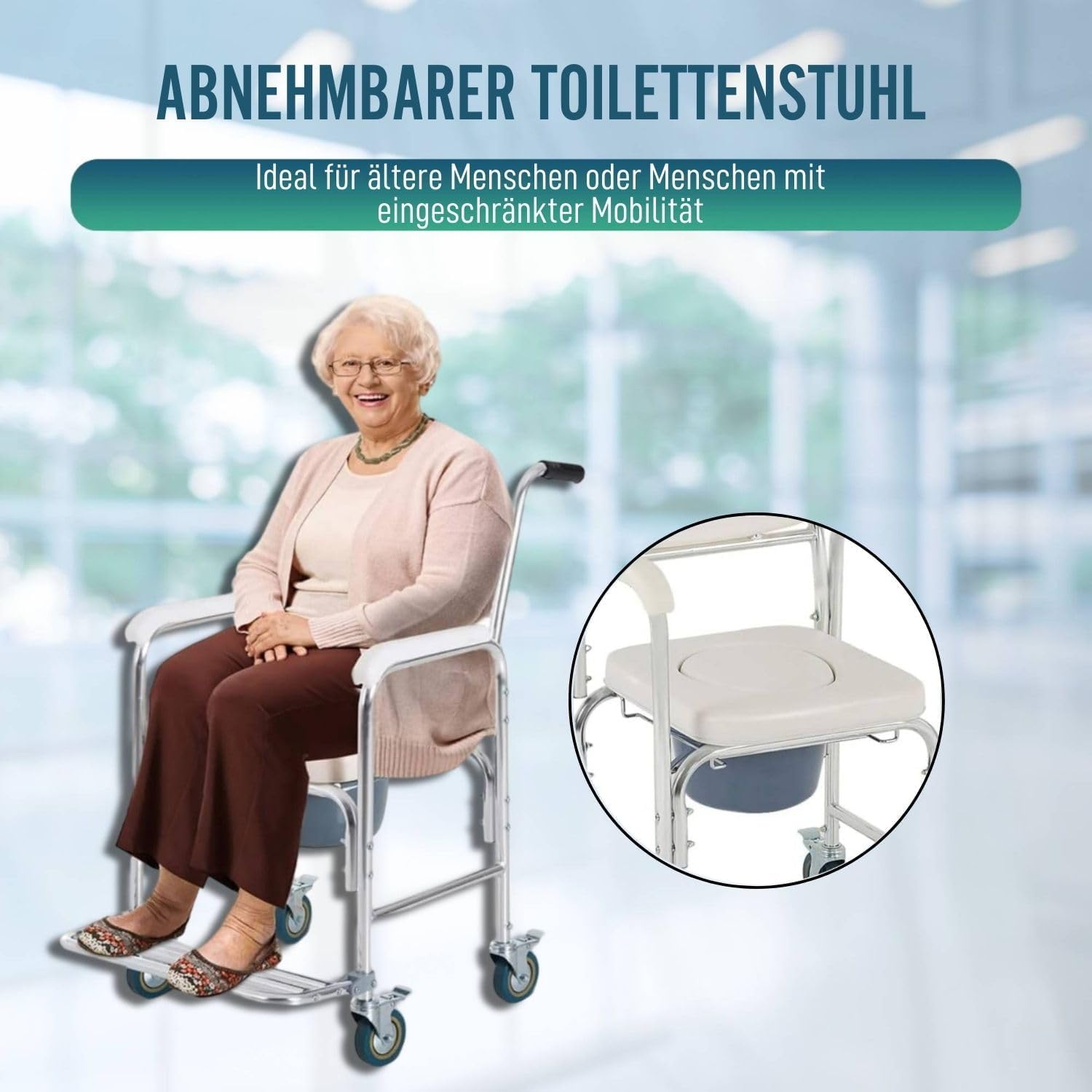 OrtoPrime WC-Duschstuhl mit Rädern und klappbaren Füßen — 3-in-1 — Stuhl mit eingebauter Toilette — tragbarer Toilettenstuhl für ältere Menschen — Duschrollstuhl — Geriatrischer Badezimmerstuhl