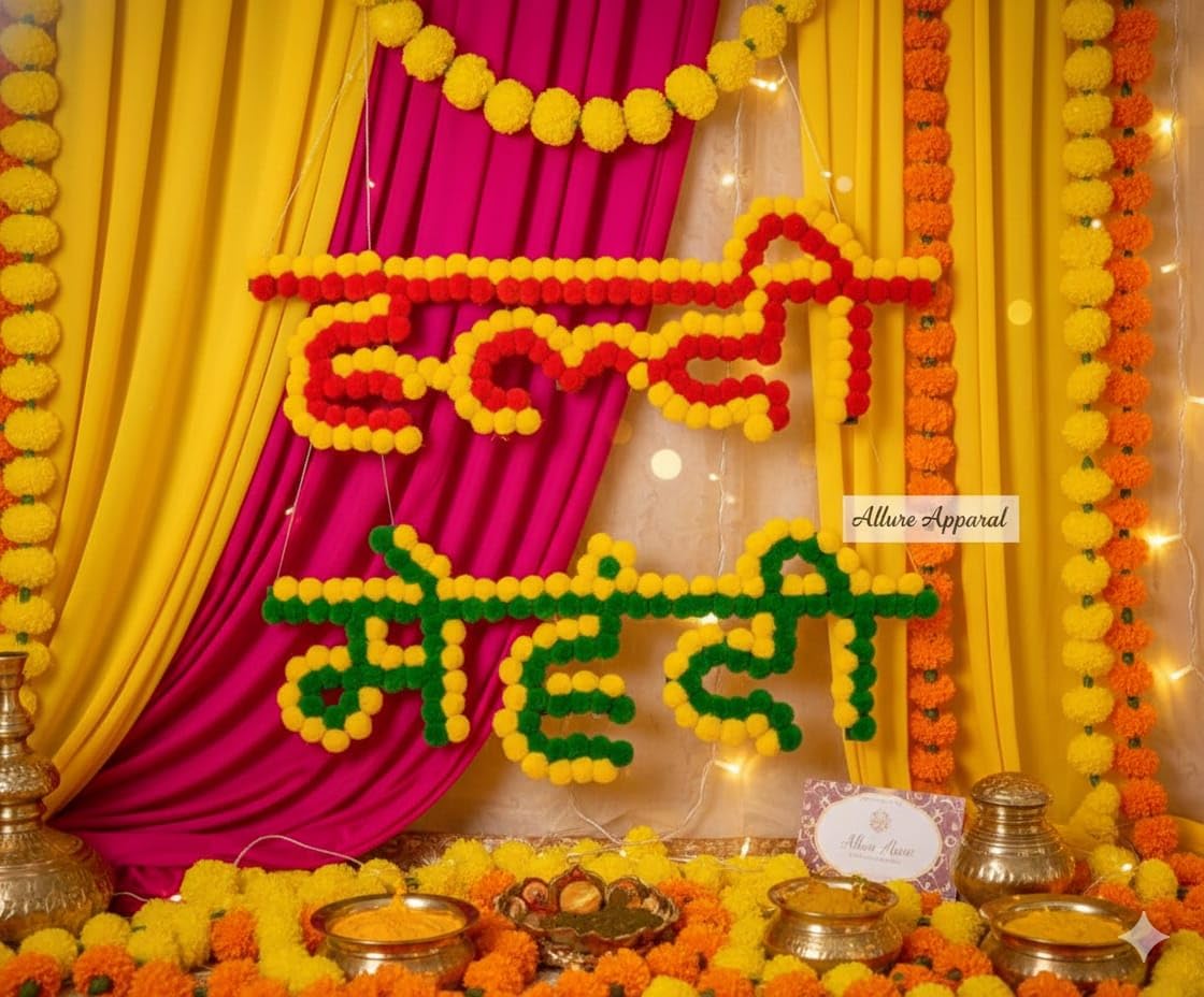 ALLURE APPAREL Haldi Mehndi Ceremony Decoration Board for Wedding/Marriage/Shaadi/Shadi Celebration for Haldi Mehandi Ceremony Decoration (MDF & Pom Pom)-image-28