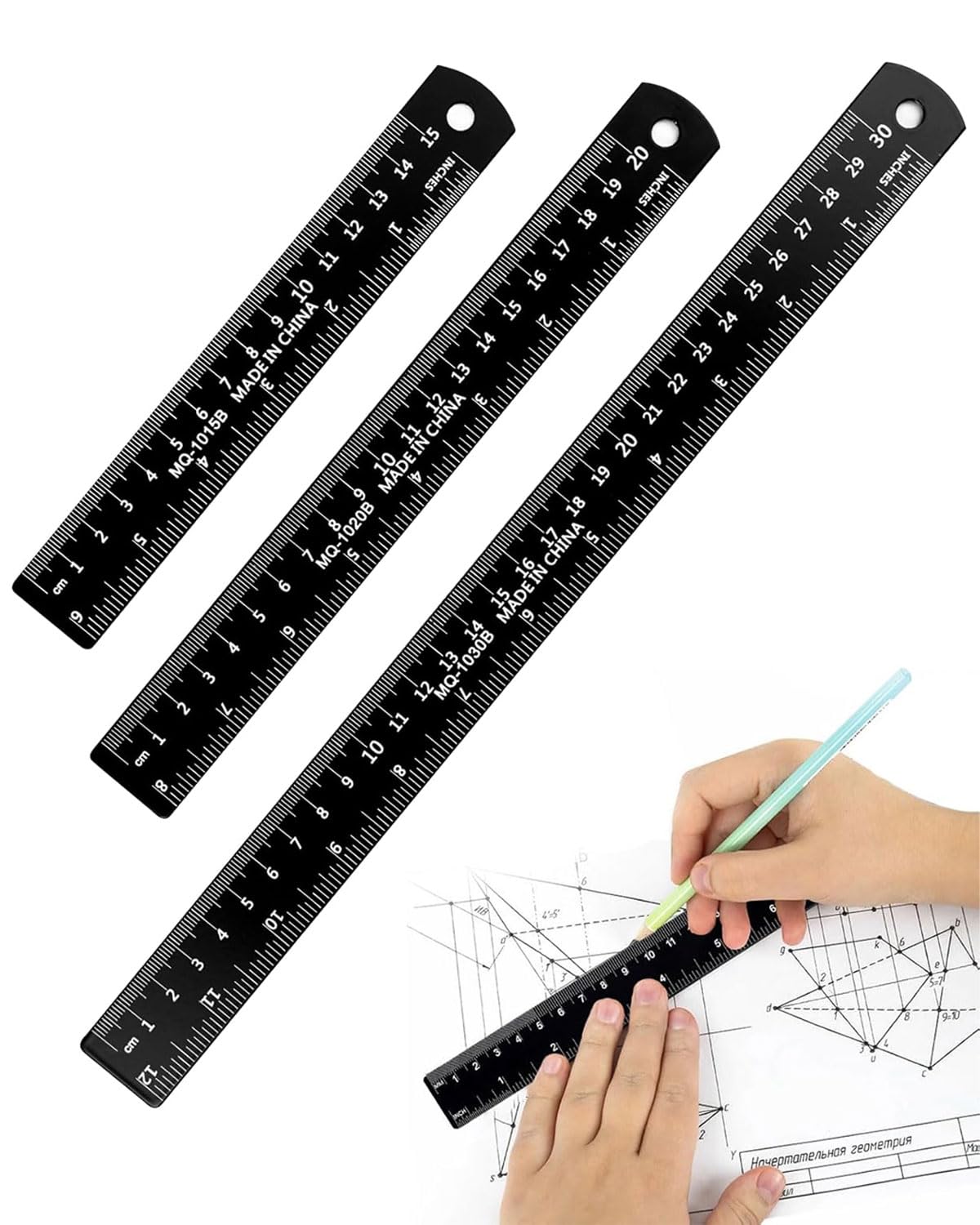 DAFNE 3 Pezzi Righello Alluminio Metallo Nero 15/20/30 cm, Riga In Metallo con Tabella di Conversione da Pollici a Millimetri, Righelli Precisione Set di Righelli per Studenti, Falegnameria