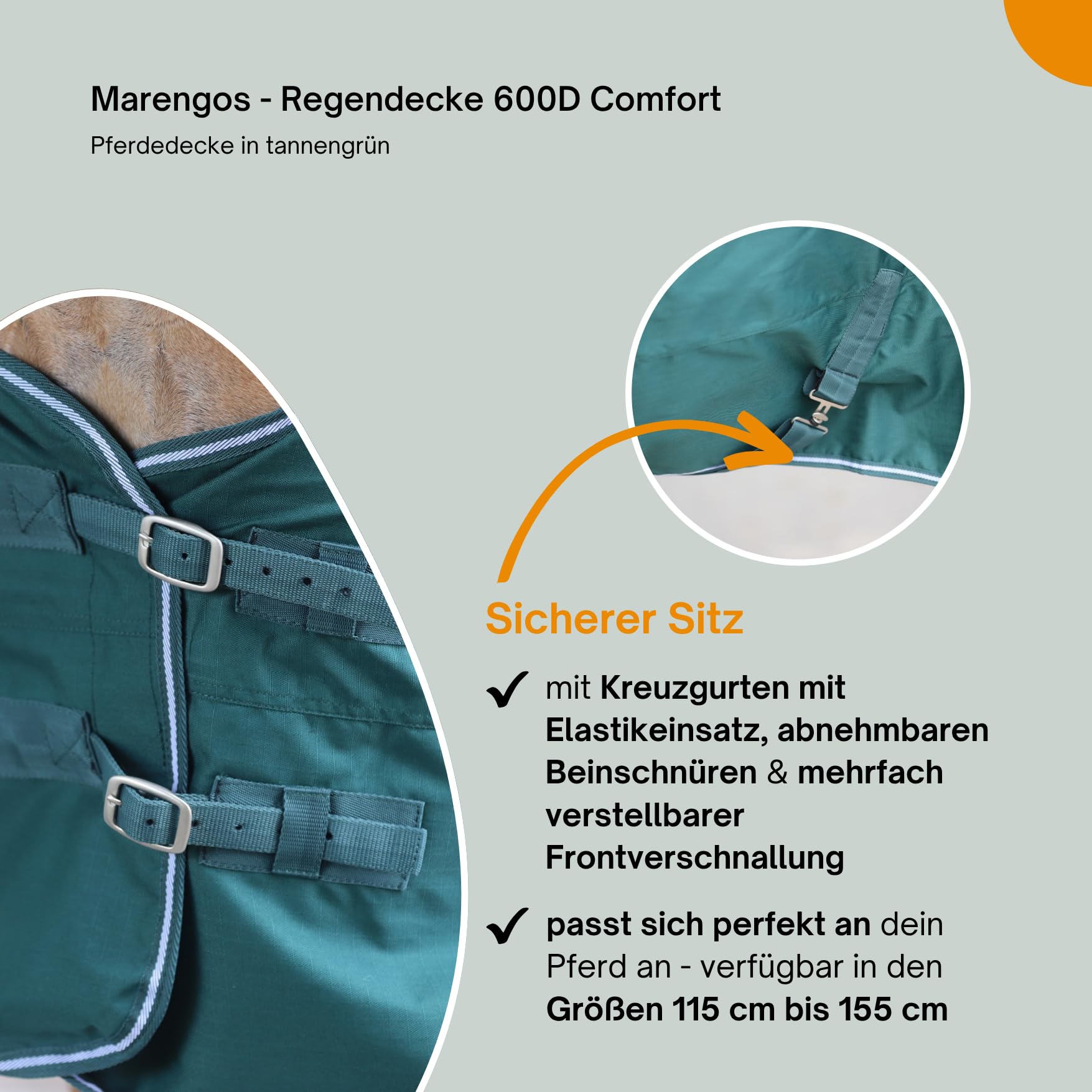 Marengos - Regendecke 600D Comfort – Pferdedecke mit Innenfutter – ideal als Weidedecke – wasserdicht & atmungsaktiv – mit Kreuzgurten, Gehfalten & Schweiflatz – Tannengrün – 165cm | Pferdedecke mit Innenfutter – ideal als Weidedecke – wasserdicht & atmun