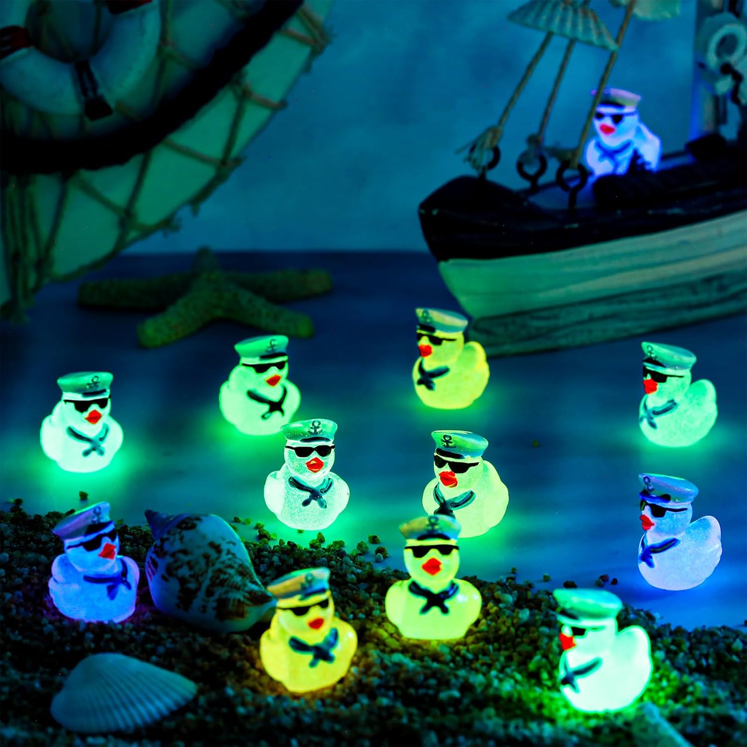RoundFunny 150 Pcs Mini Luminous Resin Sailor Cruise Ducks Glow in The Dark Tiny Cruise Duck for Hiding with Hat Miniature Figurines for Hide and Seek Prank Micro Landscape Garden Dollhouse