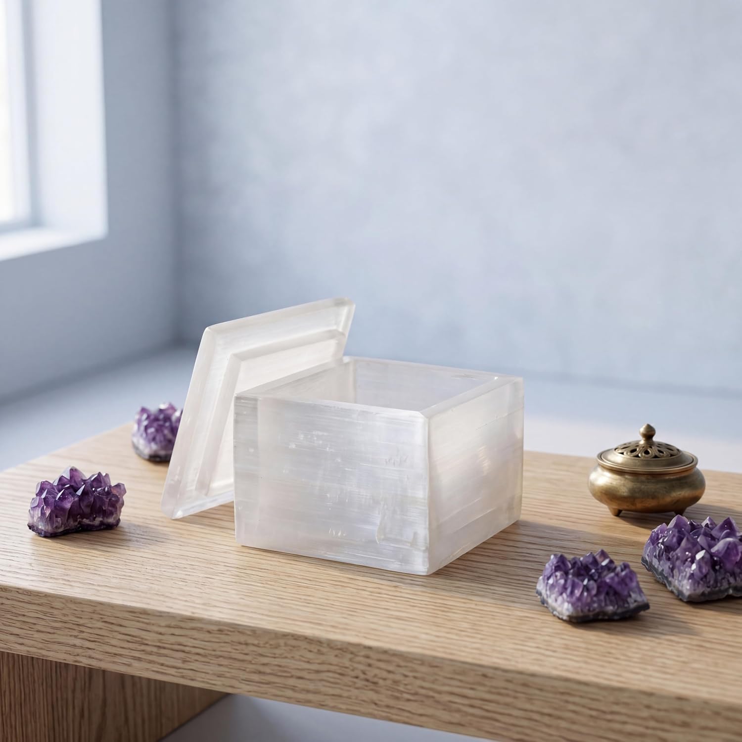 Natural Selenite Crystal Box, 4-Inch Stone Holder with Lid, Artisan-Crafted Geode Bowl for Energy Cleansing, Jewelry Storage, Meditation | Artisan-Crafted, Geode Bowl, Energy Cleansing, Jewelry Storage, Meditation