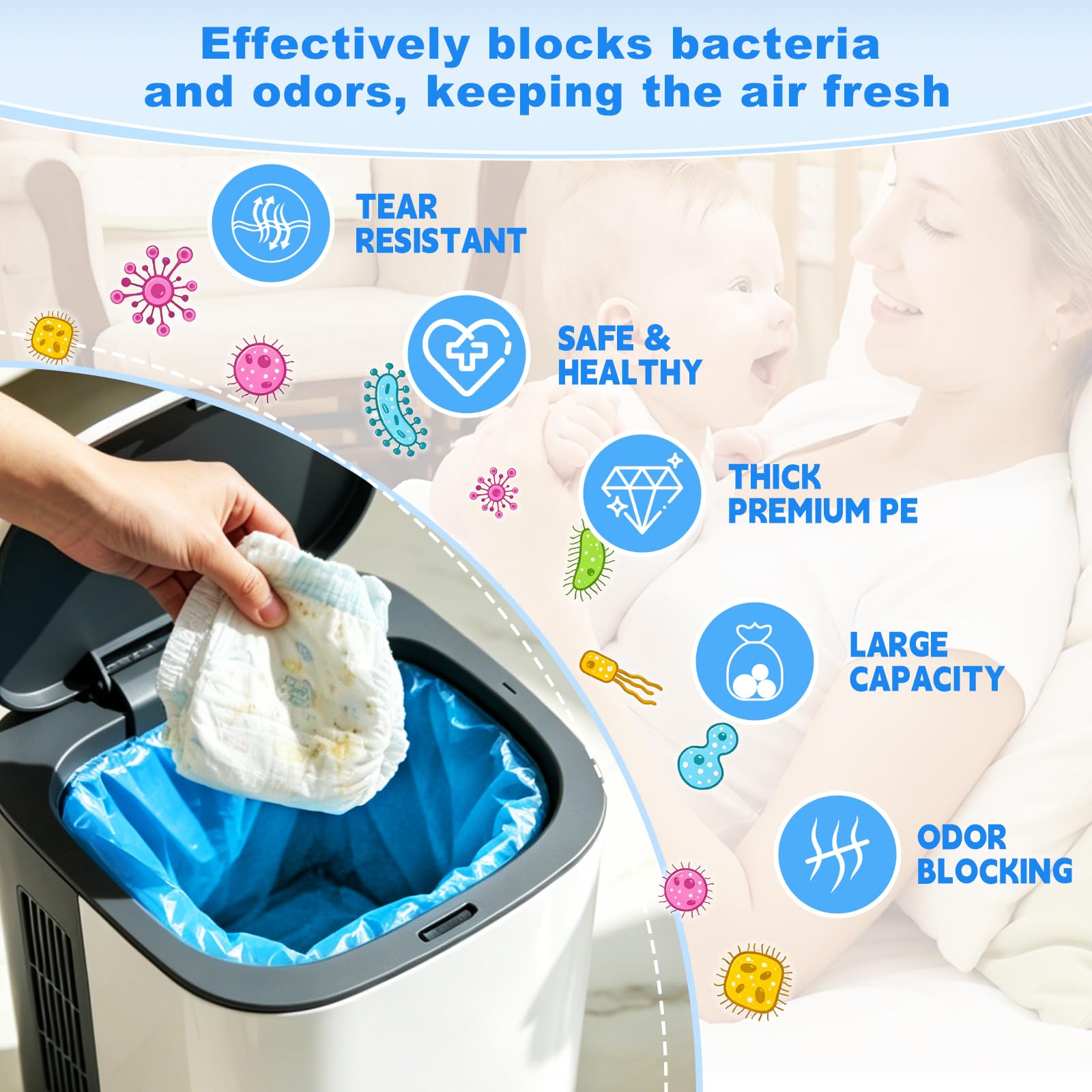 20 Pièces 4,5M Recharges pour Poubelle à Couches Recharge Sac pour seau à couches Bebe Sac Poubelle Couche Anti-Odeur Résistant à la Déchirure Antibactérien Compatible avec Tous les Types de Recharges