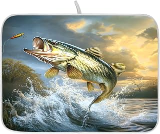 Bass Water Jumping Dish Drying Mat for Kitchen Counter Absorbent Microfiber Small Drying Pad Dish mats for Kitchen Countertops 16 x 18 Inch