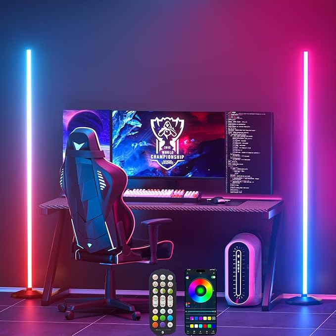 Uocub Uocub Set van 2 RGB led-hoeklampen met app en afstandsbediening, 16 miljoen kleuren en meer dan 68 kleurveranderende scènes met muzieksynchronisatie voor woonkamer, slaapkamer