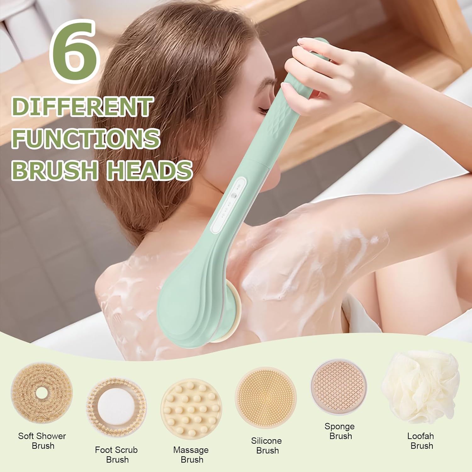 LINGSFIRE Electric Body Bath Brush, Rechargeable Back Scrubber for Shower, Long Handle Exfoliating Bath Brush for Shower, Lotion Applicator for Back, Silicone Body Scrubber with 6 Shower Brush Heads - Image 2