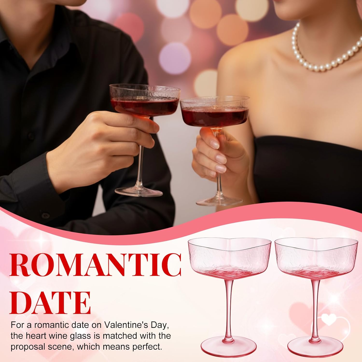 2 Pcs Valentine's Day Heart Shaped Goblet 20 oz Pink Wine Glasses Martini Cocktail Cups for Wedding Anniversary