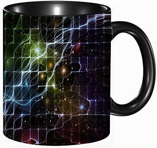 Taza de colores,Serie Geometría del Espacio. Composición de curvas de cuadrículas conceptuales y elementos fractales sobre el tema ,regalo de cumpleaños, trabajo, oficina, Navidad, té, café (negro)