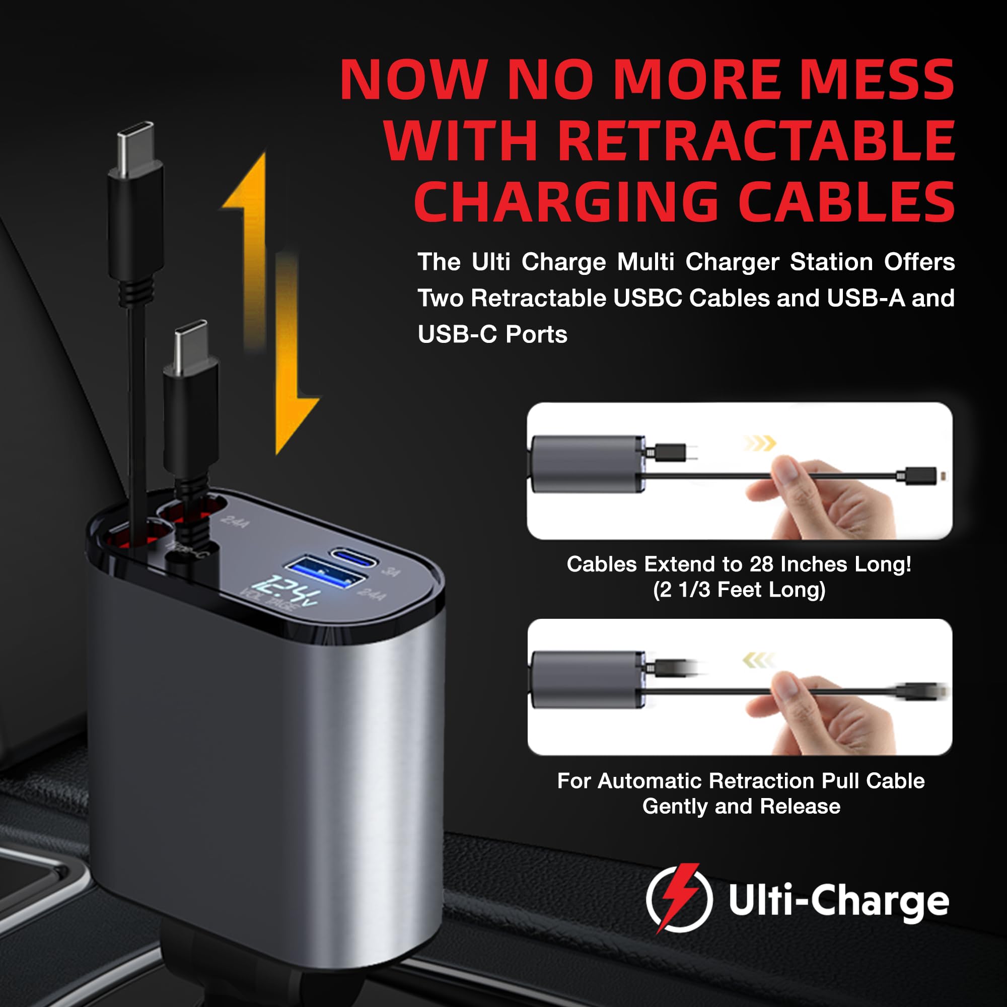 Ulti Charge - Caricatore per telefono da auto da 120 W, ricarica rapida con presa accendisigari retrattile, caricatore USB C, 4 porte USB‑C e USB‑A, blocco di ricarica Dual USBC per iPhone, Galaxy