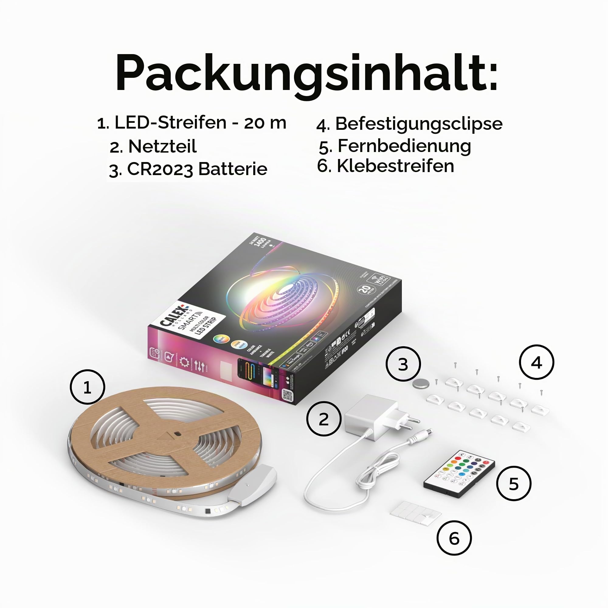 CALEX Smart LED Streifen, 20 m, RGBIC-Farben, flexibel & zuschneidbar, dimmbar, WLAN App- & Sprachsteuerung, inkl. Fernbedienung