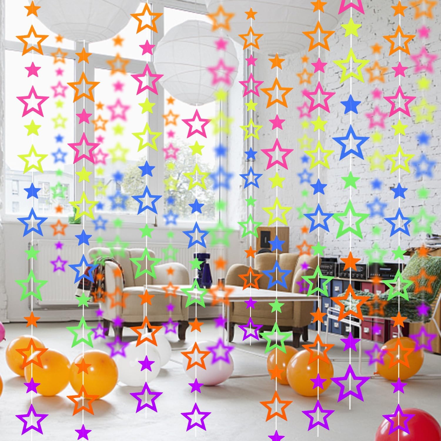 126feet UV Paper Garland Hollowed Star Neon Streamers Black Light Decorations Glow Party UV Reactive Party Favors Glow in The Dark Supplies and Decorations Wedding Birthday Banner - Image 4