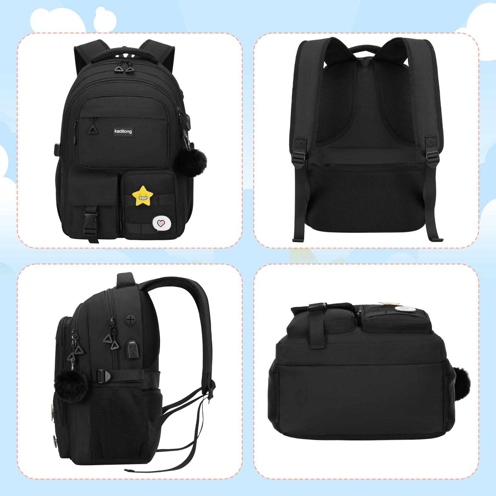kadilong Zaino per computer portatile da 17,3 pollici, per donne, adolescenti, ragazze, per studenti universitari, medie e superiori, mochila escolares para niñas mujeres (nero)