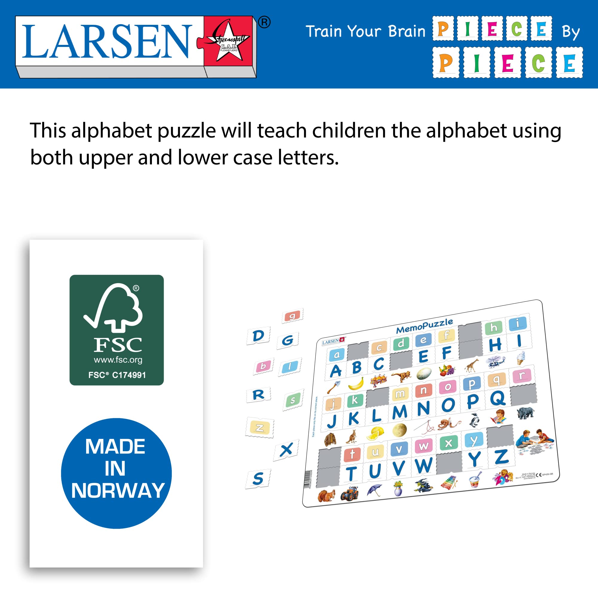 Larsen MemoPuzzle – Alphabet Majuscules Et Minuscules, 58 Pièces, Puzzle Cadre, Apprentissage Des Lettres Et Jeu Mémoire
