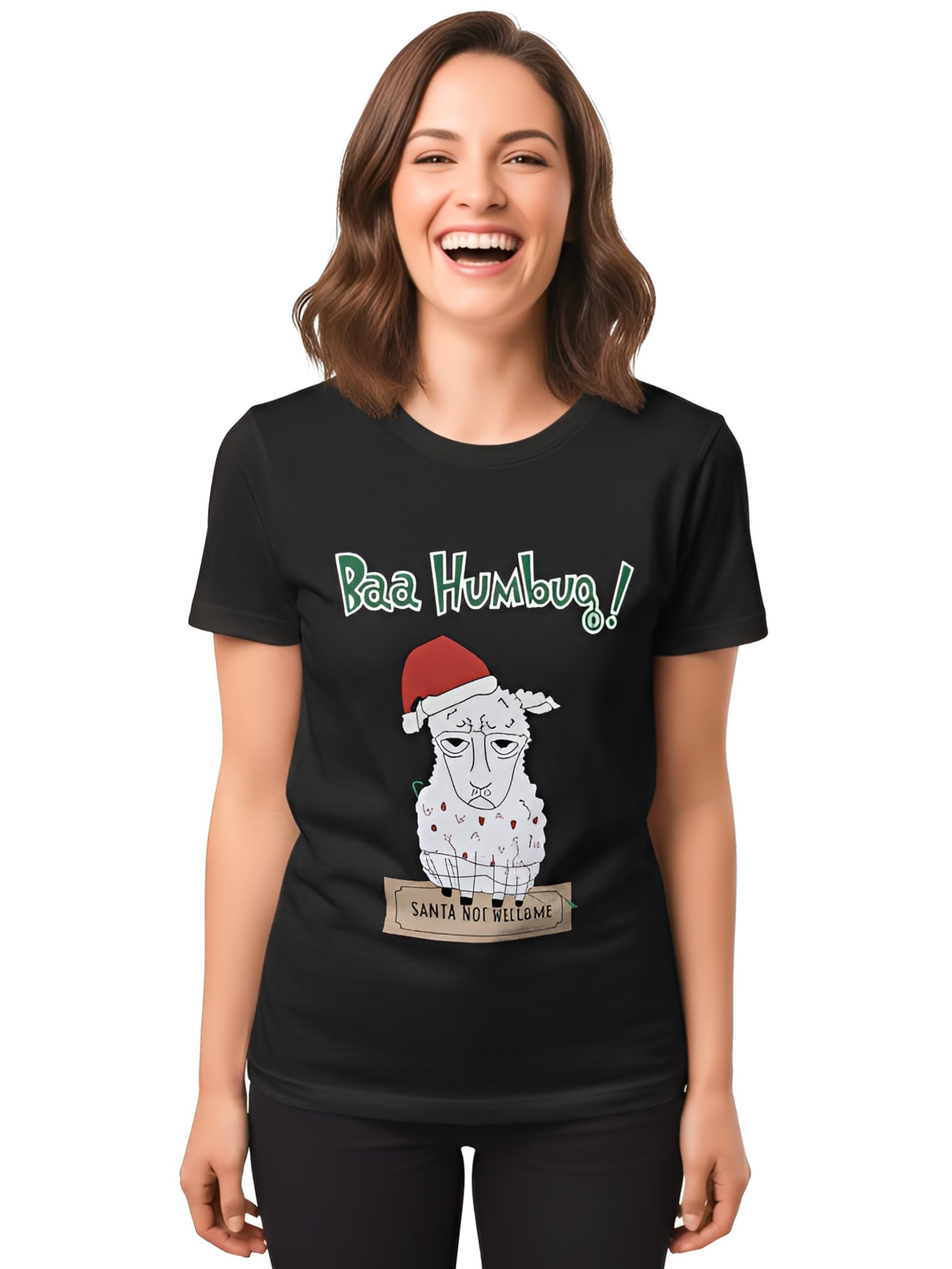 Love My Fashions Women's Baa Humbug Black Print Christmas Tshirts For Xmas Party Shirts Festival Tshirts Snowmen Santa Fun Reindeer Jumpers