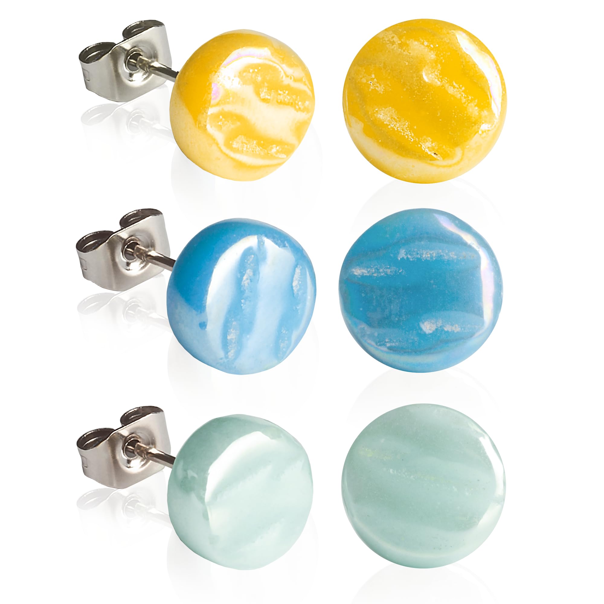 3er Ohrringe Set bunt • Runde Ohrstecker mit Stein in 25 Farben • Nachhaltiger Modeschmuck • Hochwertiger Edelstahl & recyceltes Glas • Ø 8mm