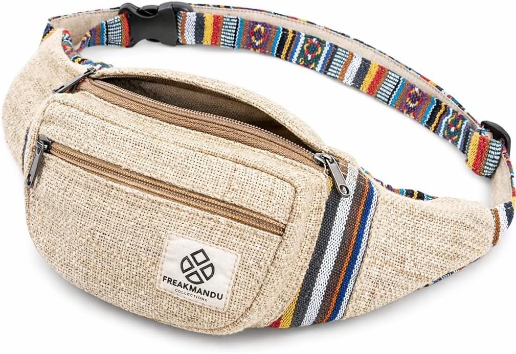 Freakmandu Eco-Friendly Boho Hippie Style Hemp Fanny Pack Hip Waist Bag for Hiking Running Jogging (Beatnik)