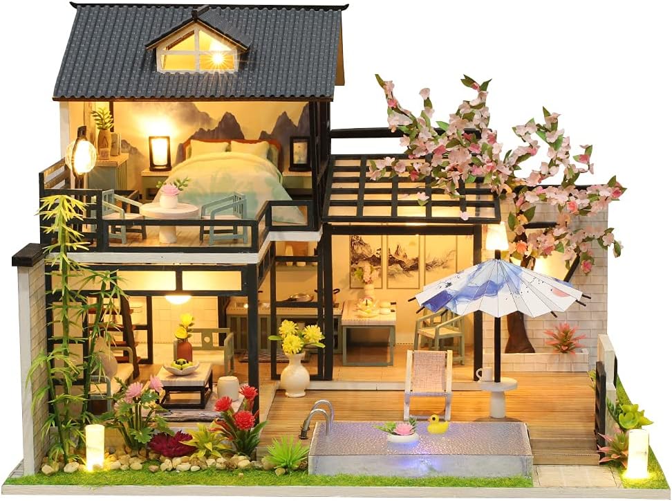 WonDerfulC 3D Wooden Miniature Dollhouse Kit New Chinese Courtyard Villa Model DIY Christmas Crafts Wood Toy Handcraft Artwork for Adults (no dust Cover)