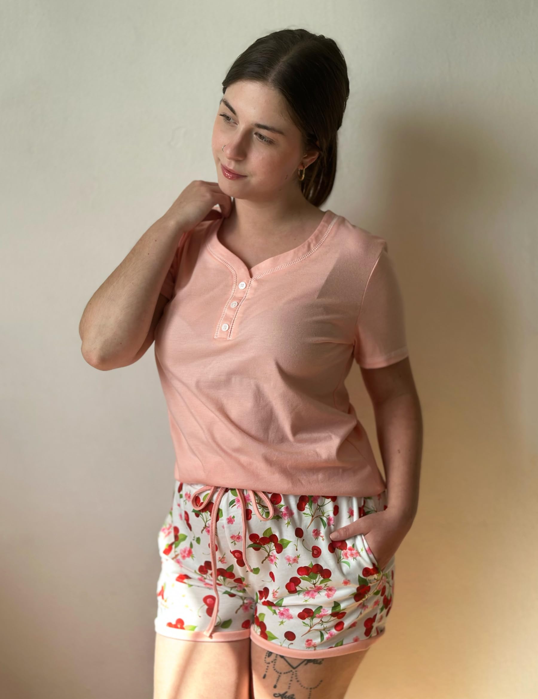 Uniexcosm Pigiama Donna Corto, Pigiama Gatto Donna Pigiama Donna Cotone Leggero con Girocollo Pigiama Donna Due Pezzi con Tasca Comode Estivo Adatto Casuale a Casa
